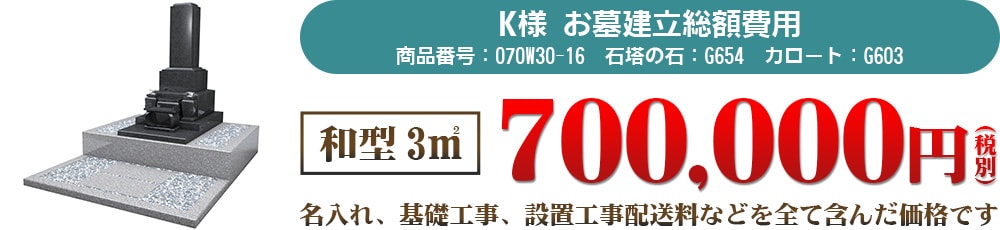 K様お墓建立総額費用 和型3㎡700,000円(税別)名入れ、基礎工事、設置工事、配送料などを全て含んだ価格です。