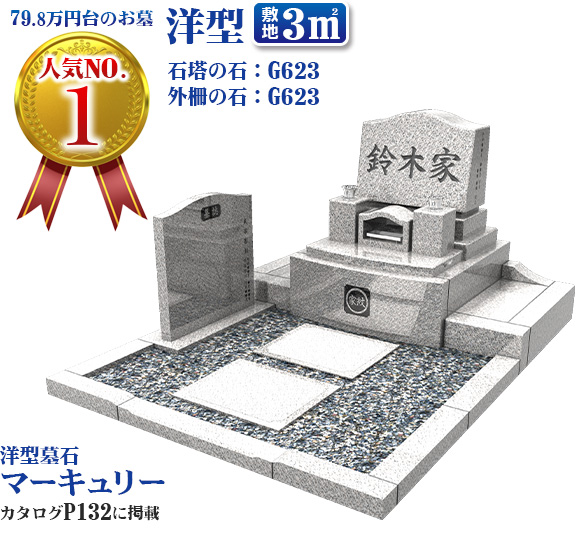 79.8万円台のお墓人気NO.1　洋型　敷地3㎡　石塔の石：G623　外柵の石：G623