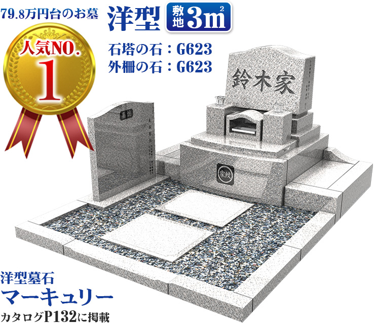 79.8万円台のお墓人気NO.1　洋型　敷地3㎡　石塔の石：G623　外柵の石：G623